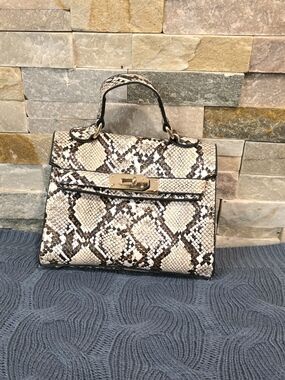 Snake-Print Top-Handle/shoulder Satchel in Cream and Brown